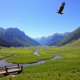 A serene landscape with a lush green valley surrounded by majestic mountains under a clear blue sky