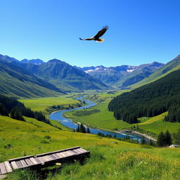 A serene landscape with a lush green valley surrounded by majestic mountains under a clear blue sky