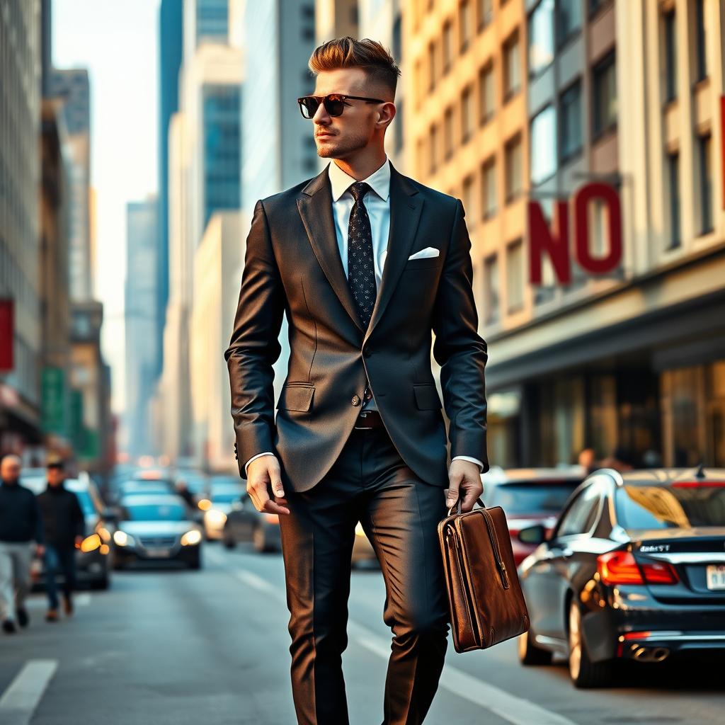 A finely dressed gentleman in a sharp, tailored suit with polished shoes, walking down a bustling urban street