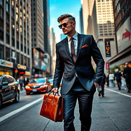 A finely dressed gentleman in a sharp, tailored suit with polished shoes, walking down a bustling urban street