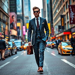 A finely dressed gentleman in a sharp, tailored suit with polished shoes, walking down a bustling urban street