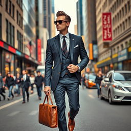 A finely dressed gentleman in a sharp, tailored suit with polished shoes, walking down a bustling urban street