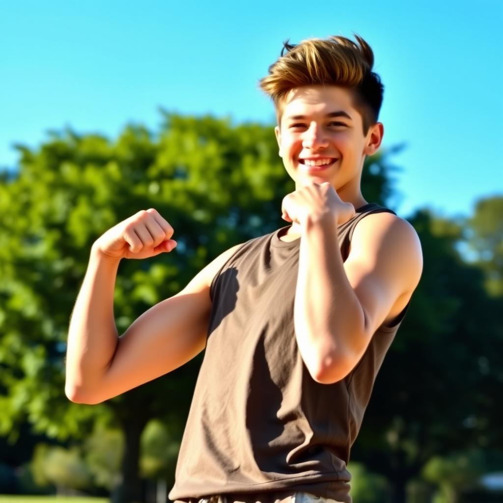 An 18-year-old teenager confidently flexing his well-defined biceps