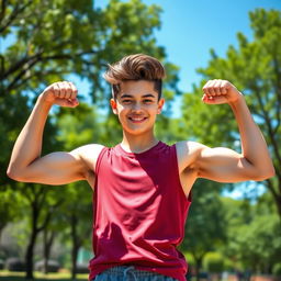 An 18-year-old teenager confidently flexing his well-defined biceps