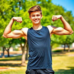 An 18-year-old teenager confidently flexing his well-defined biceps