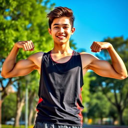 An 18-year-old teenager confidently flexing his well-defined biceps