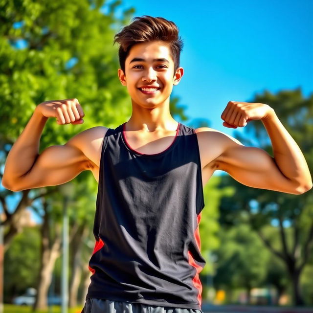 An 18-year-old teenager confidently flexing his well-defined biceps