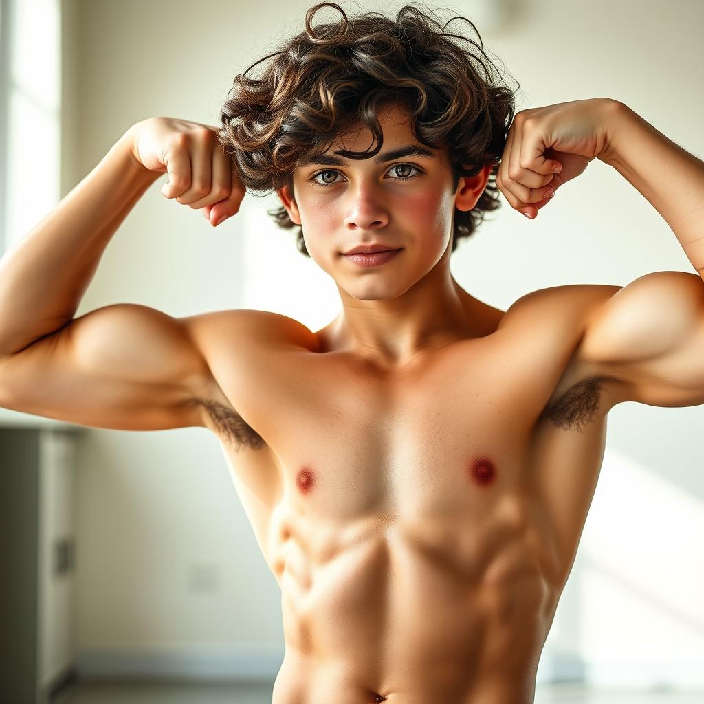 18-year-old young teen flexing his biceps, showcasing his athletic physique