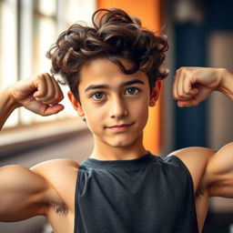 18-year-old young teen flexing his biceps, showcasing his athletic physique