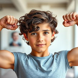 18-year-old young teen flexing his biceps, showcasing his athletic physique