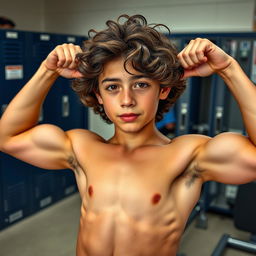 18-year-old young teen flexing his biceps, showcasing his athletic physique