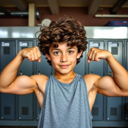 18-year-old young teen flexing his biceps, showcasing his athletic physique