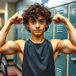 18-year-old young teen flexing his biceps, showcasing his athletic physique