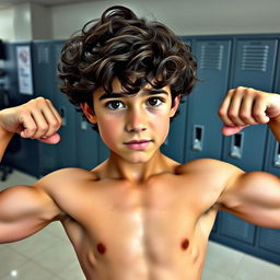 18-year-old young teen flexing his biceps, showcasing his athletic physique