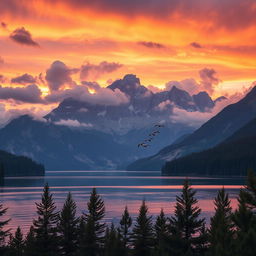 A breathtaking mountain landscape during a vibrant sunset, with fluffy clouds scattered across the sky, reflecting hues of orange, pink, and purple