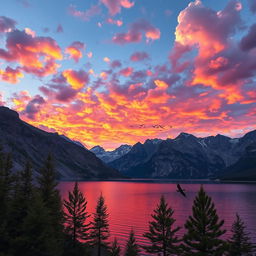 A breathtaking mountain landscape during a vibrant sunset, with fluffy clouds scattered across the sky, reflecting hues of orange, pink, and purple