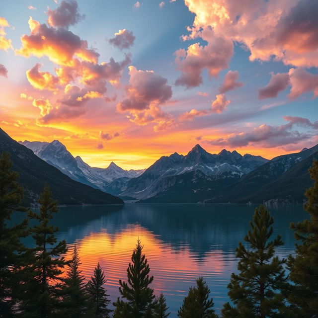 A breathtaking mountain landscape during a vibrant sunset, with fluffy clouds scattered across the sky, reflecting hues of orange, pink, and purple