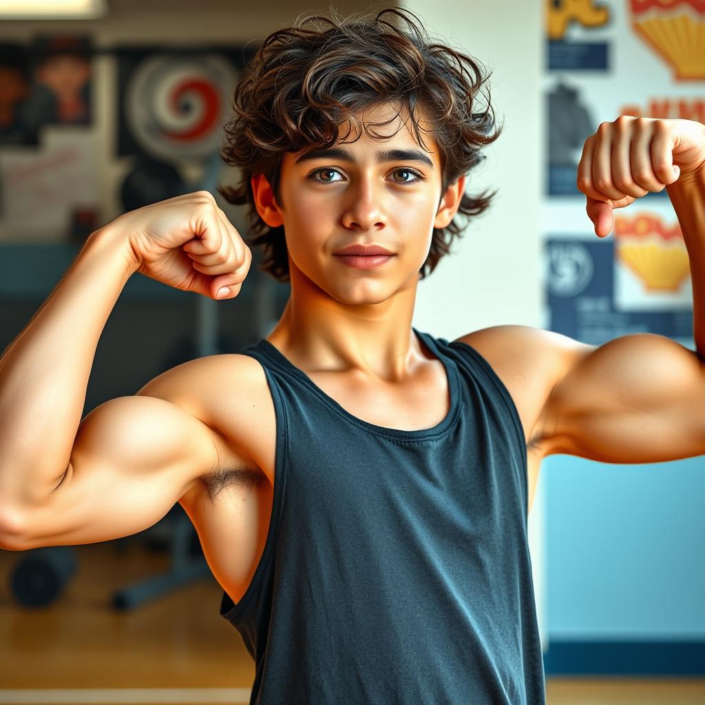 18-year-old teen flexing his biceps, showcasing his athletic and muscular physique with a slight sheen of sweat highlighting his effort