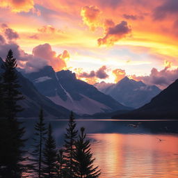 A breathtaking mountain landscape during a vibrant sunset, with fluffy clouds scattered across the sky, reflecting hues of orange, pink, and purple