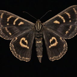 A moth emitting an intense, bright glow, the luminosity brilliantly displaying the elaborate pattern of its wings in the pitch black night.