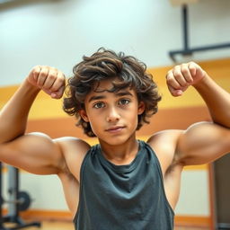 18-year-old teen flexing his biceps, showcasing his athletic and muscular physique with a slight sheen of sweat highlighting his effort