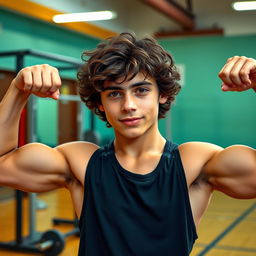 18-year-old teen flexing his biceps, showcasing his athletic and muscular physique with a slight sheen of sweat highlighting his effort