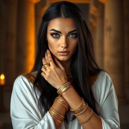 A young woman with long black hair and blue eyes, featuring thick eyebrows