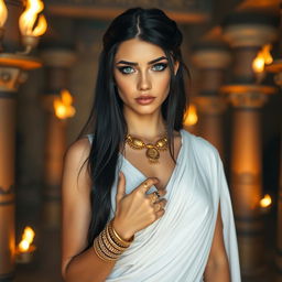 A young woman with long black hair and blue eyes, featuring thick eyebrows