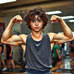 A full body image of an 18-year-old teen flexing his biceps, showcasing his athletic and muscular build