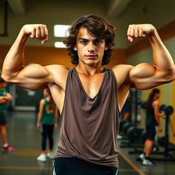 A full body image of an 18-year-old teen flexing his biceps, showcasing his athletic and muscular build