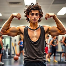 A full body image of an 18-year-old teen flexing his biceps, showcasing his athletic and muscular build