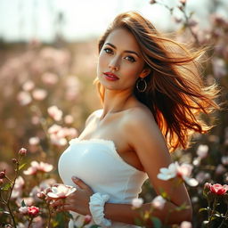 A beautiful, confident woman posing gracefully in a nature setting, surrounded by blooming flowers