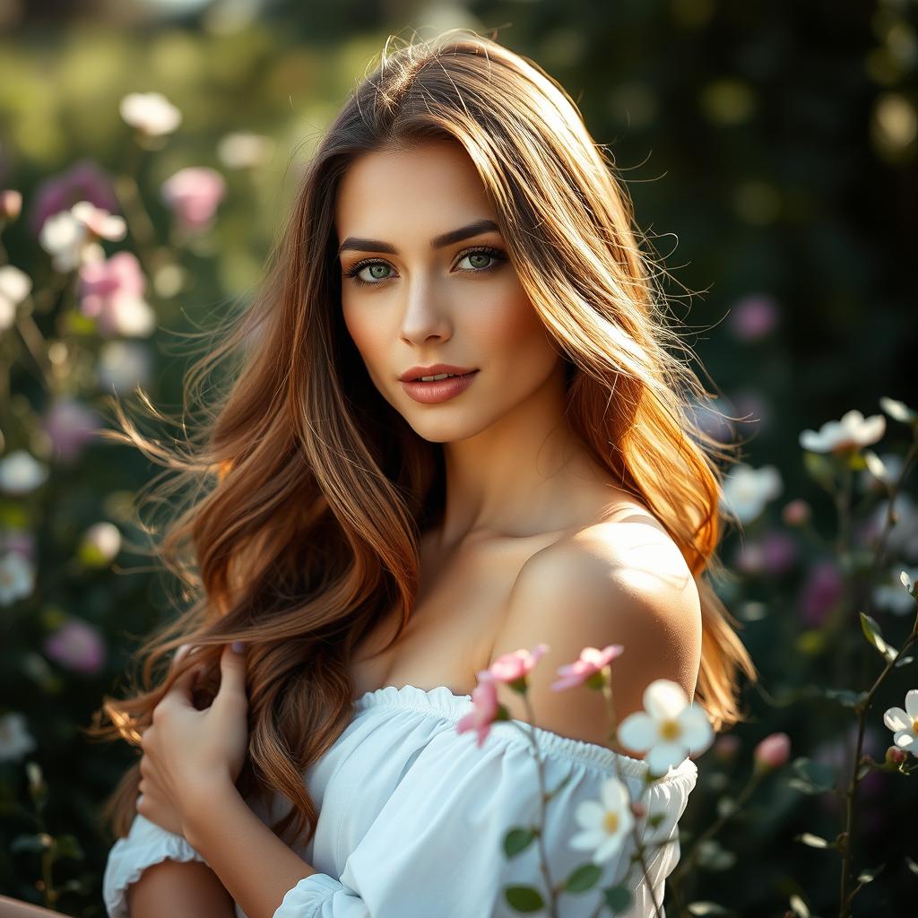 A beautiful, confident woman posing gracefully in a nature setting, surrounded by blooming flowers