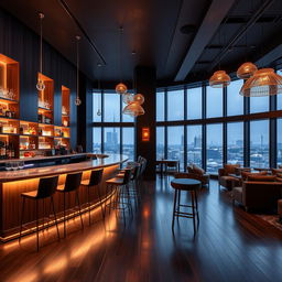 A modern and stylish bar interior design featuring sleek contemporary furniture, a sophisticated color palette of dark wood, stainless steel, and ambient lighting