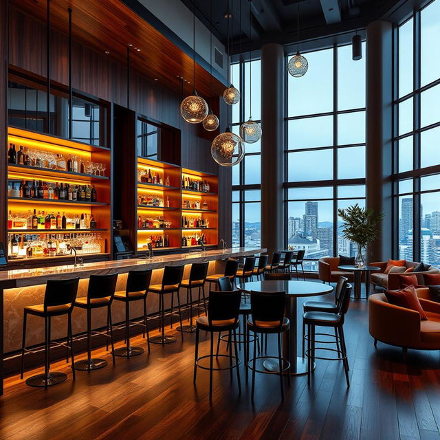 A modern and stylish bar interior design featuring sleek contemporary furniture, a sophisticated color palette of dark wood, stainless steel, and ambient lighting