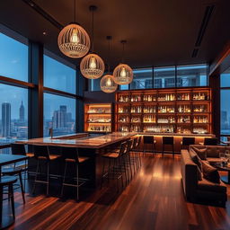 A modern and stylish bar interior design featuring sleek contemporary furniture, a sophisticated color palette of dark wood, stainless steel, and ambient lighting