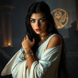 A young woman with long black hair and blue eyes, featuring thick eyebrows, wears a long, flowing white dress, exuding an aura reminiscent of ancient Egyptian royalty