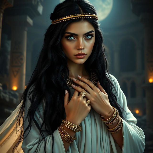 A young woman with long black hair and blue eyes, featuring thick eyebrows, wears a long, flowing white dress, exuding an aura reminiscent of ancient Egyptian royalty