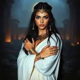 A young woman with long black hair and blue eyes, featuring thick eyebrows, wears a long, flowing white dress, exuding an aura reminiscent of ancient Egyptian royalty
