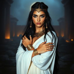 A young woman with long black hair and blue eyes, featuring thick eyebrows, wears a long, flowing white dress, exuding an aura reminiscent of ancient Egyptian royalty