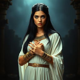 A young woman with long black hair and blue eyes, featuring thick eyebrows, wears a long, flowing white dress, exuding an aura reminiscent of ancient Egyptian royalty