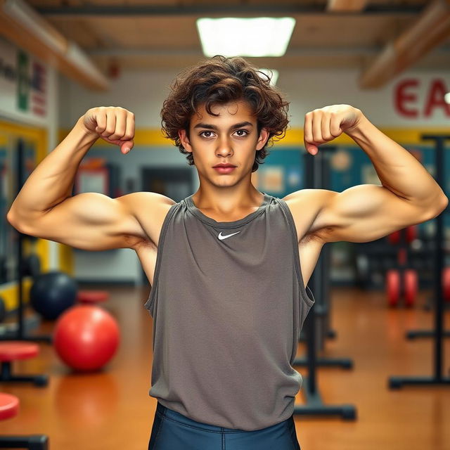 A full body image of an 18-year-old hot teen flexing his biceps, highlighting his athletic and muscular physique with a tan complexion