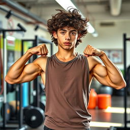 A full body image of an 18-year-old hot teen flexing his biceps, highlighting his athletic and muscular physique with a tan complexion