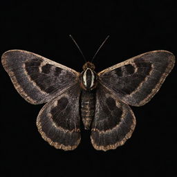 A moth emitting an intense, bright glow, the luminosity brilliantly displaying the elaborate pattern of its wings in the pitch black night.