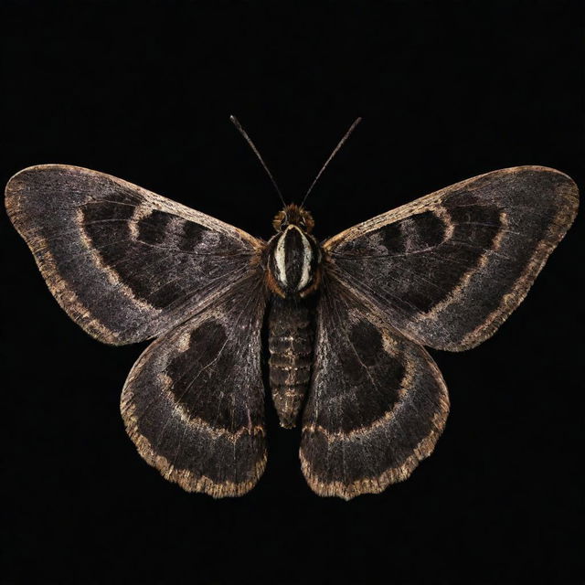 A moth emitting an intense, bright glow, the luminosity brilliantly displaying the elaborate pattern of its wings in the pitch black night.