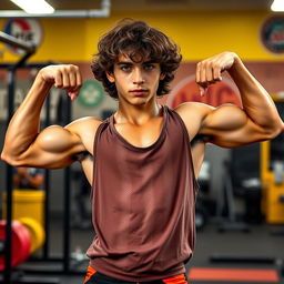 A full body image of an 18-year-old hot teen flexing his biceps, highlighting his athletic and muscular physique with a tan complexion