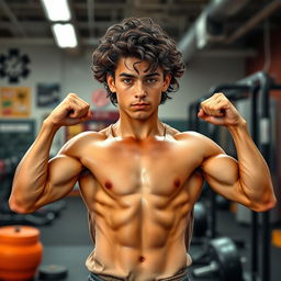 A full body image of an 18-year-old hot teen flexing his biceps, highlighting his athletic and muscular physique with a tan complexion