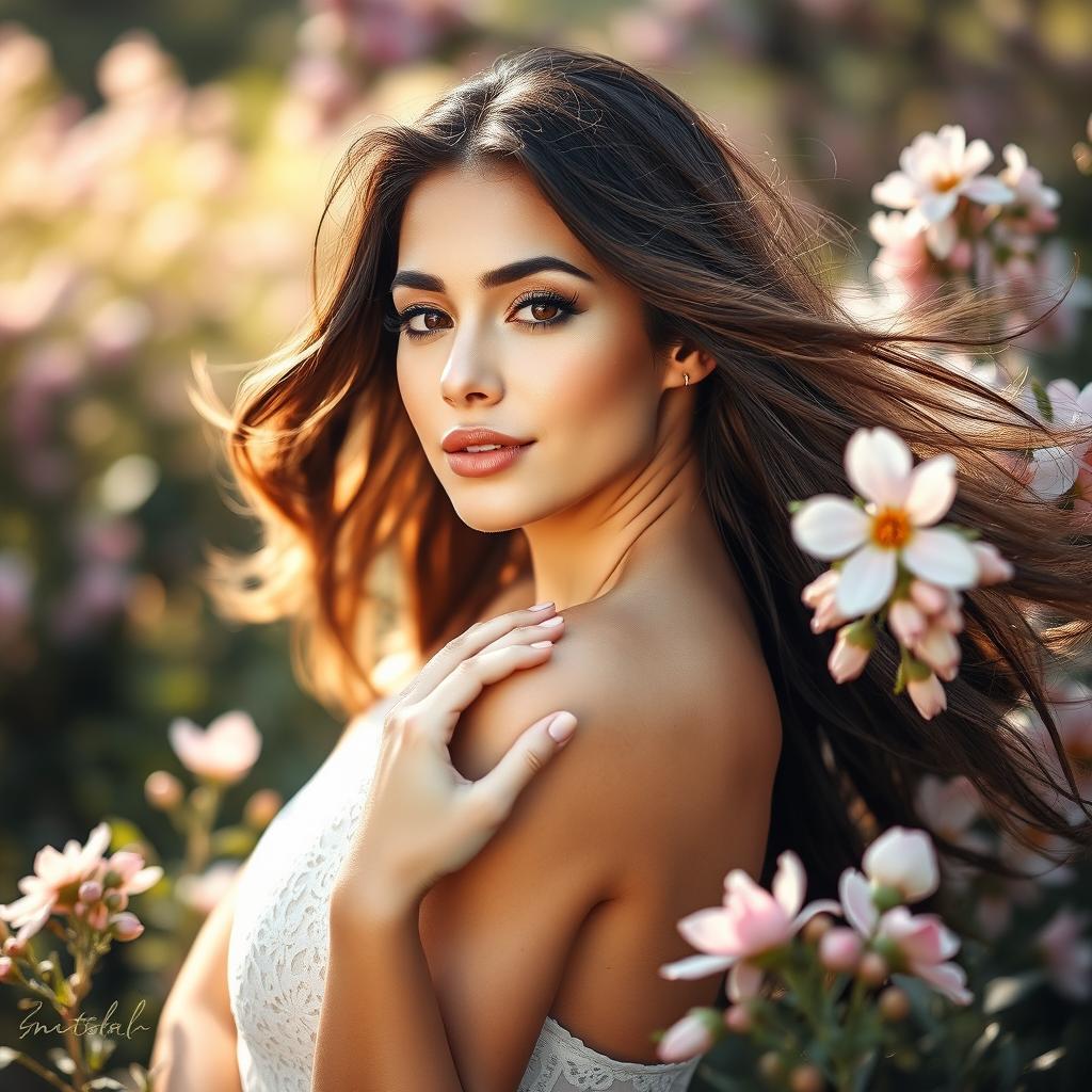 A beautiful, confident woman posing gracefully in a nature setting, surrounded by blooming flowers