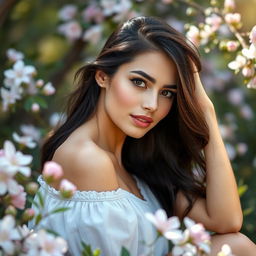 A beautiful, confident woman posing gracefully in a nature setting, surrounded by blooming flowers