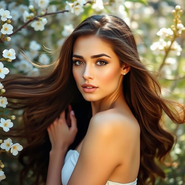 A beautiful, confident woman posing gracefully in a nature setting, surrounded by blooming flowers